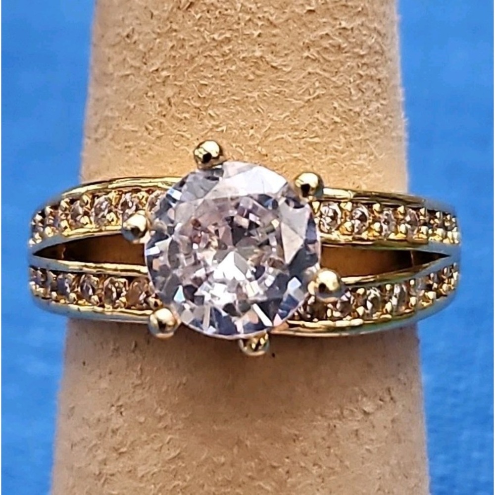 Gold Over Sterling Silver CZ Engagement Ring 8mm Split Shank Vermeil Size 7 - Picture 7 of 7